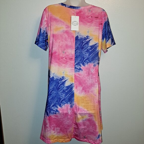 NWT Oversized Gradient Print Short Sleeve Rainbow Tie Dye Loose Casual Mini Dres - Picture 7 of 10